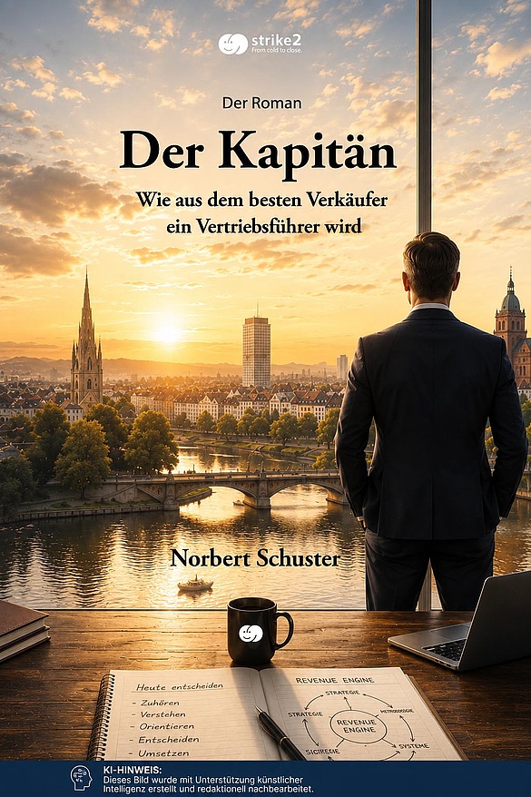 Buchcover „Der Kapitän“ mit einem Vertriebsleiter vor einem Fenster und Blick über Aschaffenburg bei Sonnenaufgang.