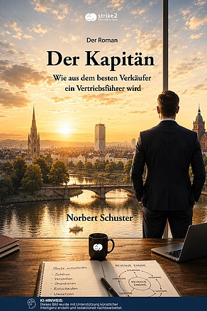 Der Kapitän – Buchcover Buchcover „Der Kapitän“ mit einem Vertriebsleiter vor einem Fenster und Blick über Aschaffenburg bei Sonnenaufgang.
