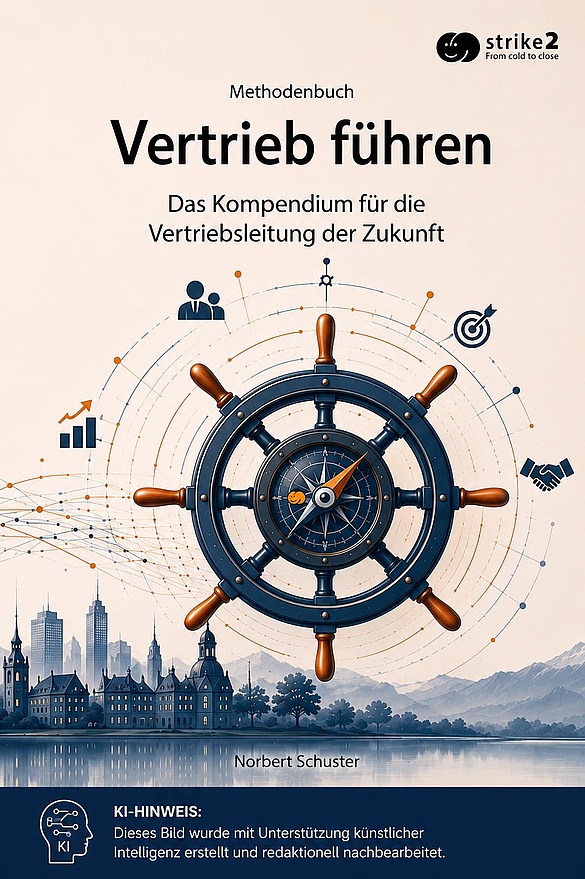 Buchcover „Vertrieb führen“ mit Steuerrad, Kompass und Symbolen für moderne Vertriebsführung und Strategie.